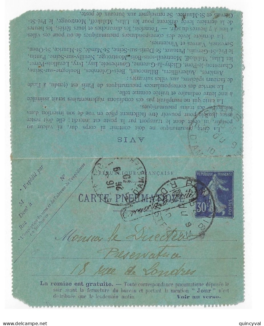 PARIS 118 R. D'Amsterdam Pneumatique 30c Semeuse Carte Lettre Yv CLPP4 TROUVE A LA BOITE Ob 26 9 1910 Mill Oblique 02? - Neumáticos