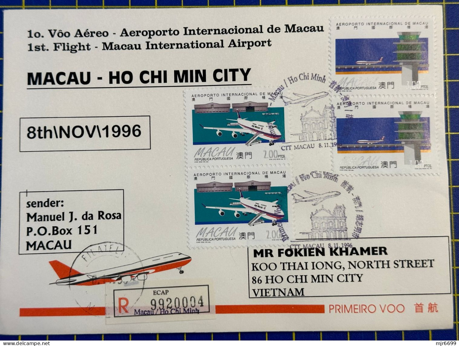 1996 MACAU INTER. AIRPORT FIRST FLIGHT COVER TO HO CHI MIN CITY - Storia Postale