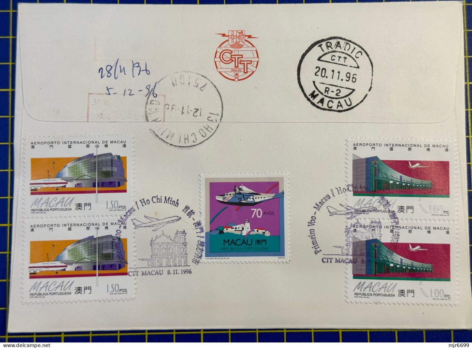 1996 MACAU INTER. AIRPORT FIRST FLIGHT COVER TO HO CHI MIN CITY - Cartas & Documentos