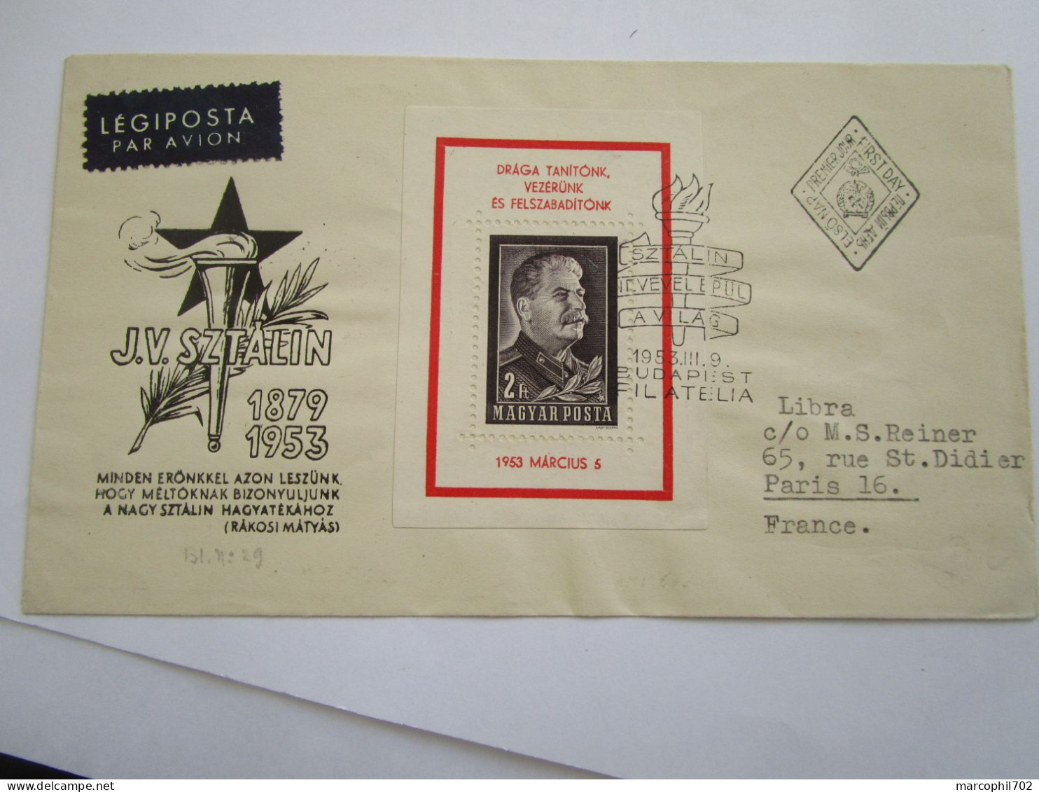 Hongrie Lettre Pour La France 1953 Affranchissement Staline - Covers & Documents