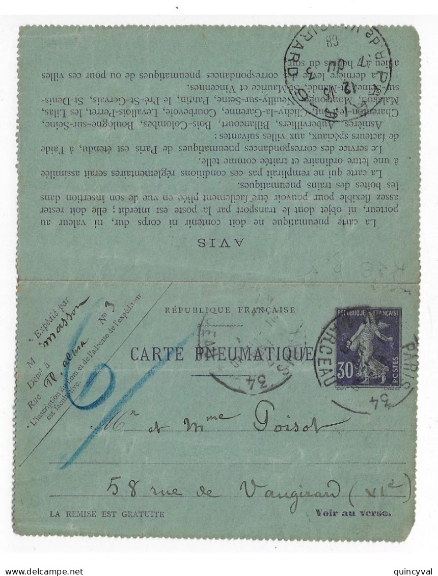 PARIS 34 R Marceau Pneumatique 30c Semeuse Carte Lettre Yv CLPP1 Ob 17 3 1908 - Rohrpost
