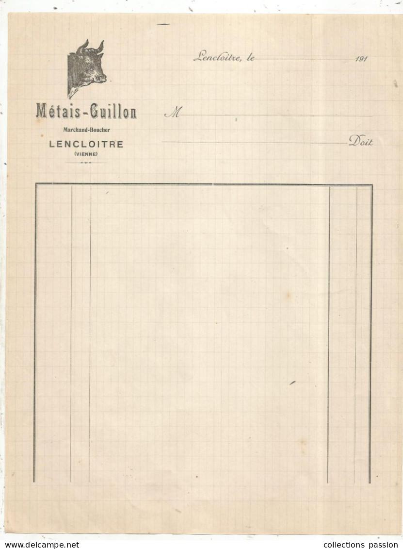 Facture, Marchand-boucher , METAIS-GUILLON, LENCLOITRE ,  Vienne , Vierge, Frais Fr 1.75 E - Levensmiddelen