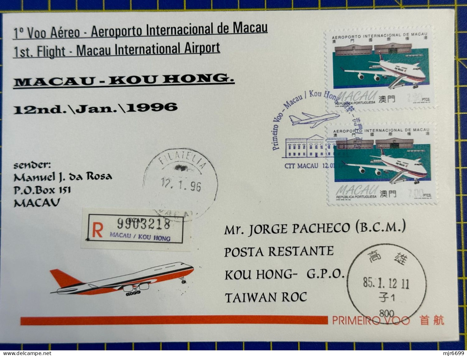 1996 MACAU INTER. AIRPORT FIRST FLIGHT COVER TO KOU HONG, TAIWAN - Covers & Documents