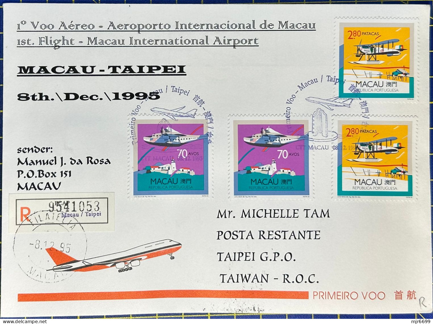 1995 MACAU INTER. AIRPORT FIRST FLIGHT COVER TO TAIPEI, TAIWAN - Covers & Documents