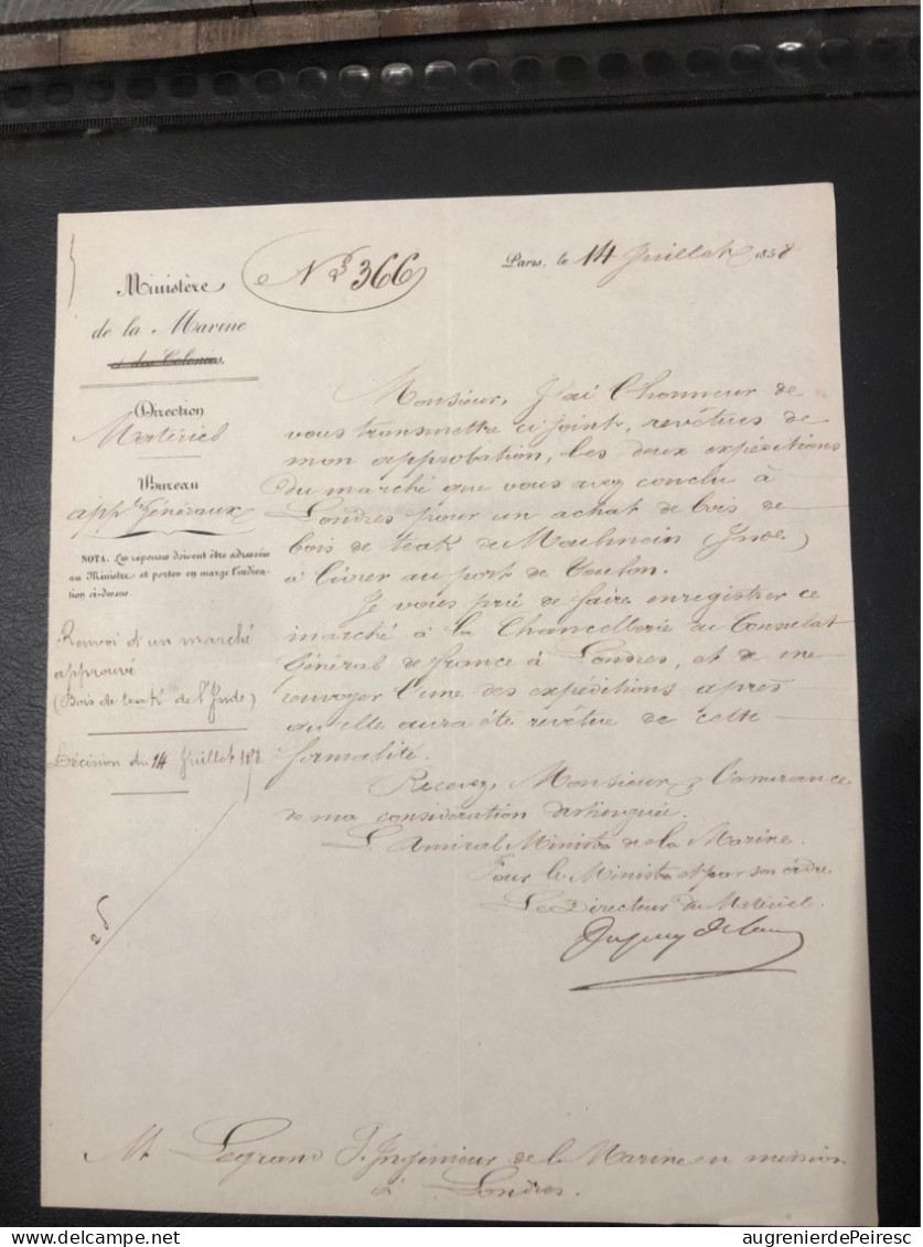 Autographe Dupuy De Lome Sur Lettre De La Marine 14 Juillet 1858 - Bateaux