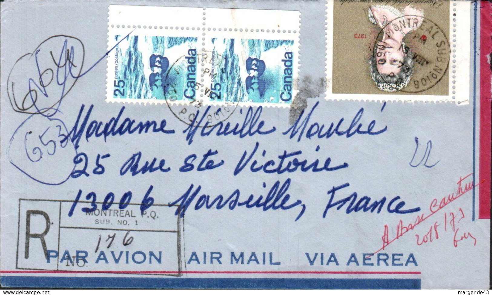 CANADA AFFRANCHISSEMENT COMPOSE SUR LETTRE RECOMMANDEE POUR LA FRANCE 1973 - Covers & Documents