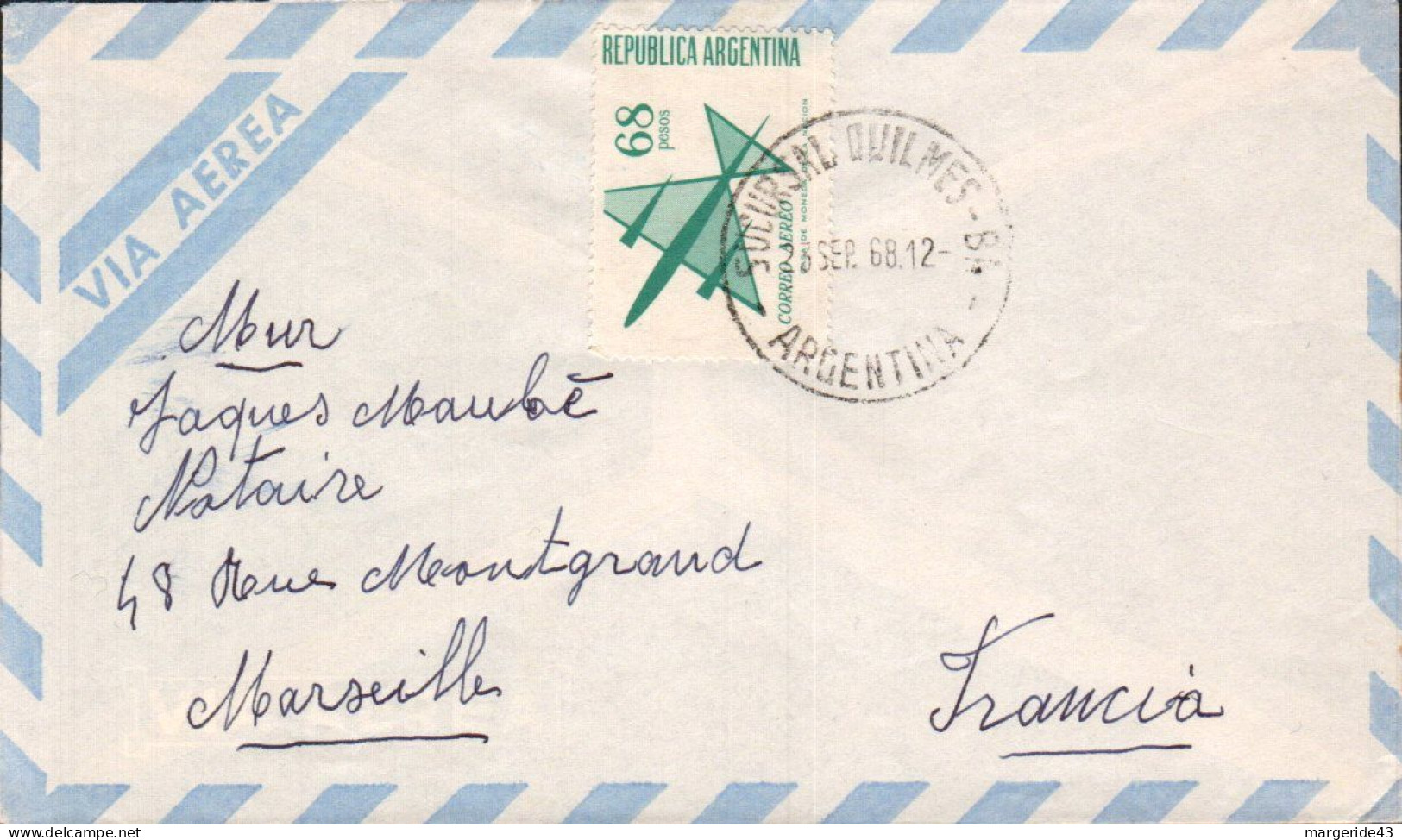 ARGENTINE SEUL SUR LETTRE POUR LA FRANCE 1968 - Cartas & Documentos