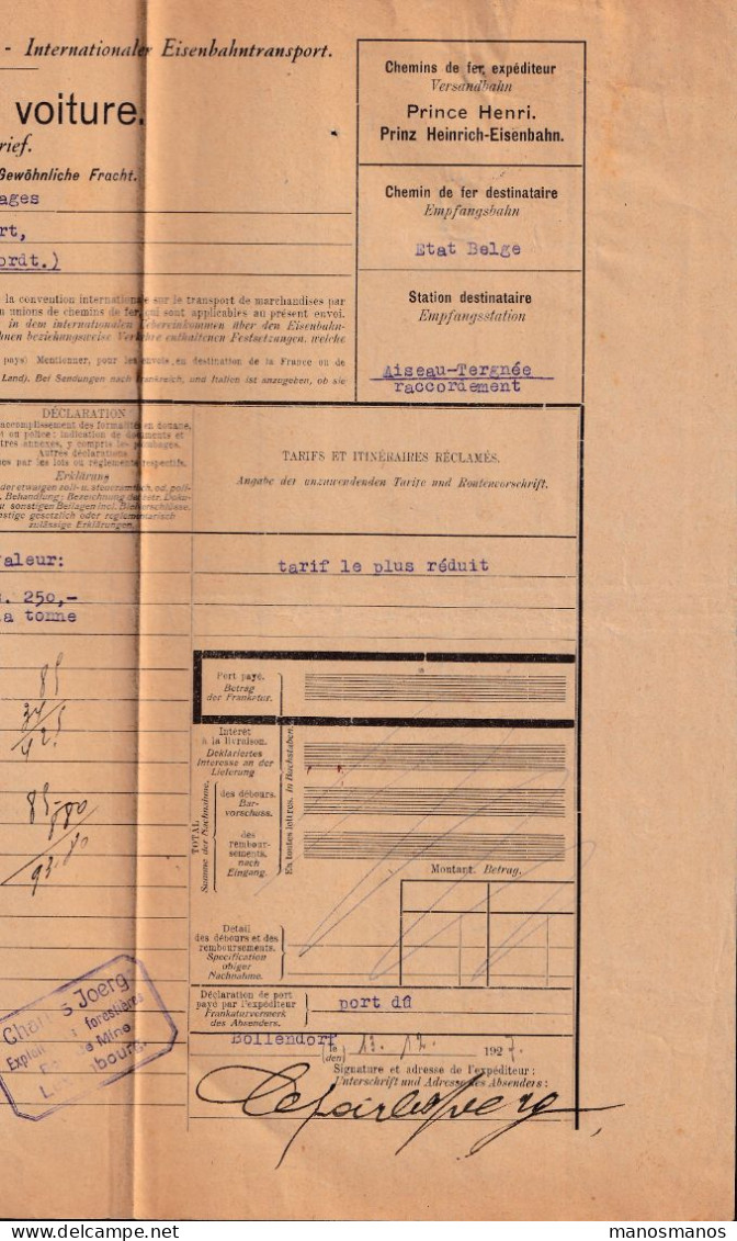 DDEE 188 - Lettre De Voiture BOLLENDORF 1927 - Timbres Fiscaux + Chemin De Fer Prince Henri - Revenue Stamps