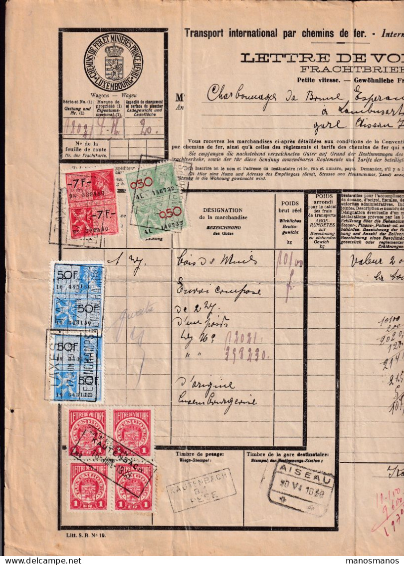 DDEE 189 - Lettre De Voiture KAUTENBACH 1938 - Timbres Fiscaux + Chemin De Fer Guillaume Via Prince Henri - Revenue Stamps