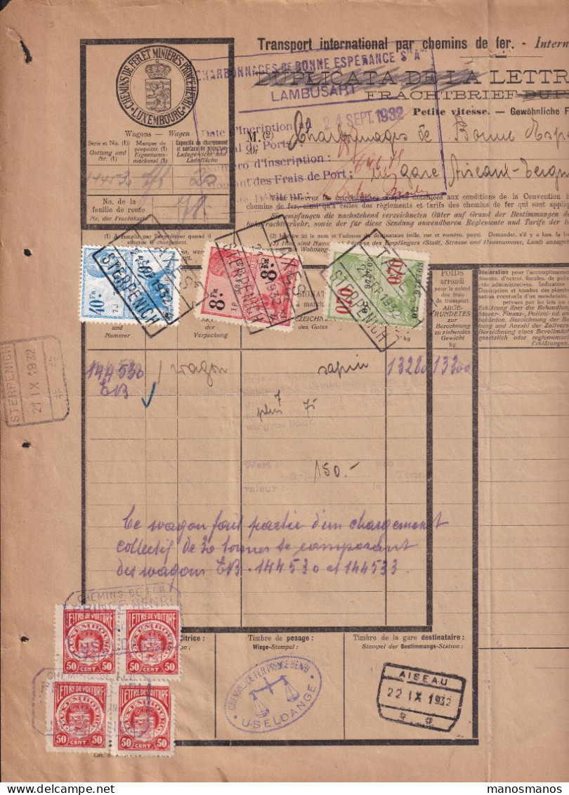 DDEE 190 - Lettre De Voiture USELDANGE 1932 - Timbres Fiscaux + Chemin De Fer Prince Henri STEINFORT + Guillaume - Steuermarken