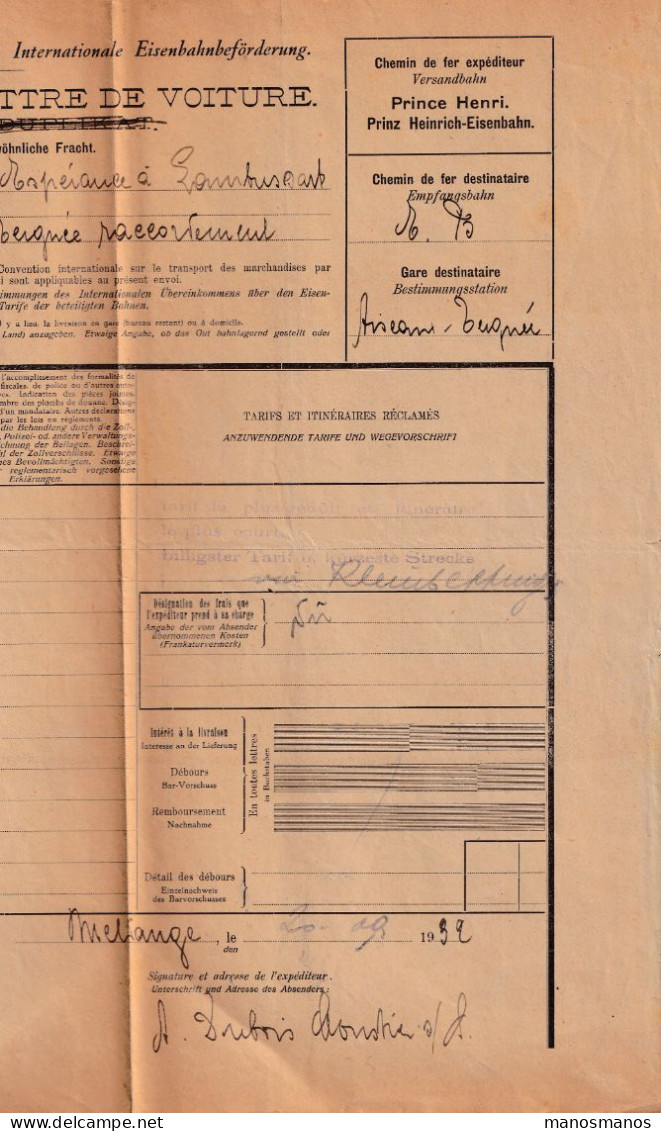 DDEE 190 - Lettre De Voiture USELDANGE 1932 - Timbres Fiscaux + Chemin De Fer Prince Henri STEINFORT + Guillaume - Fiscale Zegels