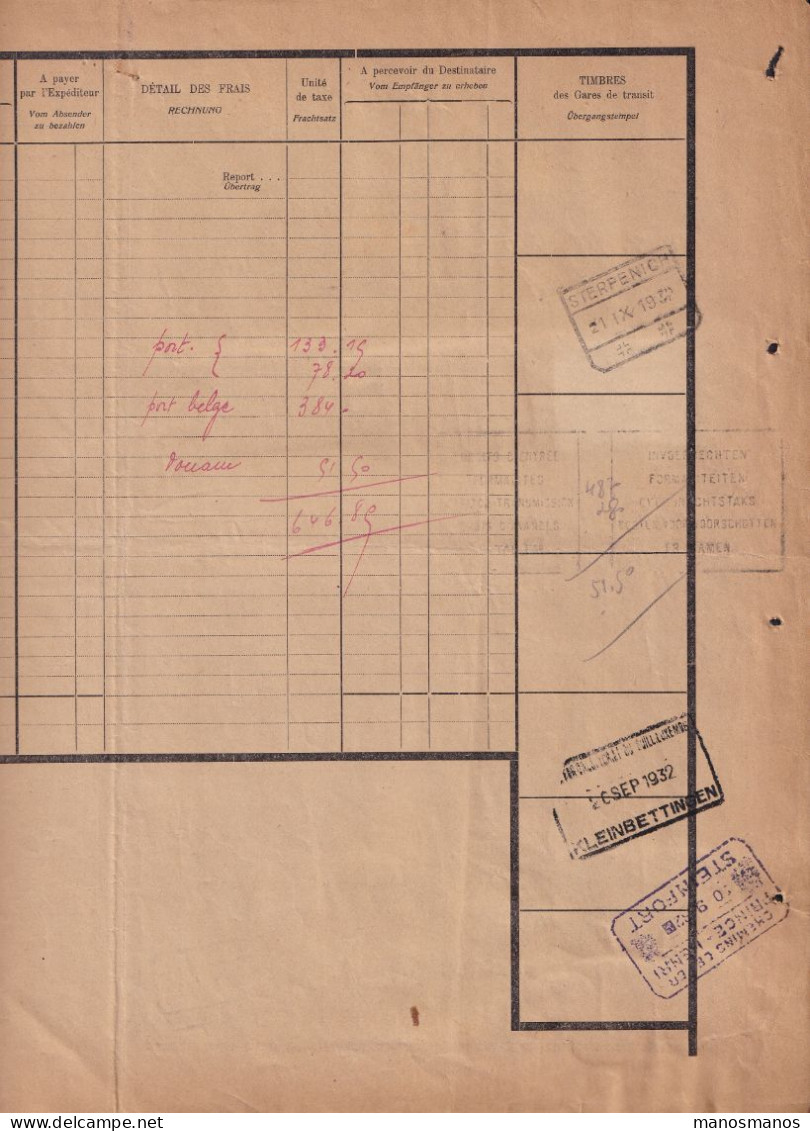 DDEE 190 - Lettre De Voiture USELDANGE 1932 - Timbres Fiscaux + Chemin De Fer Prince Henri STEINFORT + Guillaume - Fiscale Zegels