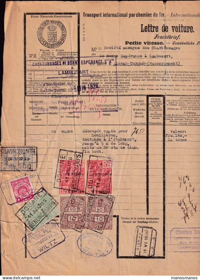 DDEE 193 - Lettre De Voiture WILTZ 1926 - Timbres Fiscaux + Chemin De Fer Prince Henri + Cachet De SCHIMPACH Verso - Steuermarken