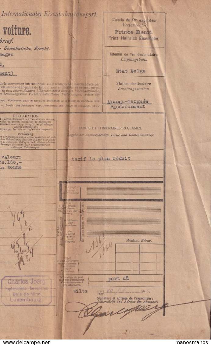 DDEE 193 - Lettre De Voiture WILTZ 1926 - Timbres Fiscaux + Chemin De Fer Prince Henri + Cachet De SCHIMPACH Verso - Fiscales