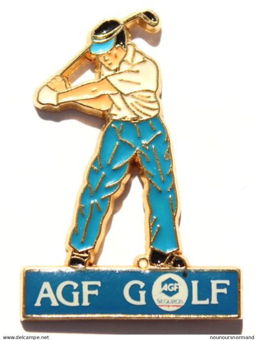 Superbe Pin's AGF SEGUROS (Assurances) - Golfeur Chemisette Blanche Et Pantalon Bleu - ZZ013 - Golf