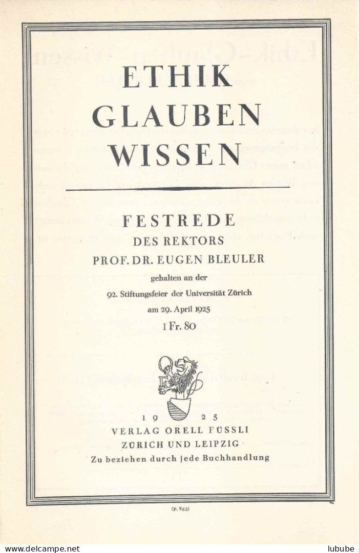 Werbezettel  "Ethik - Glauben - Wissen"  (Festrede Prof.Dr.Bleuler, Uni Zürich)         1925 - Philosophie