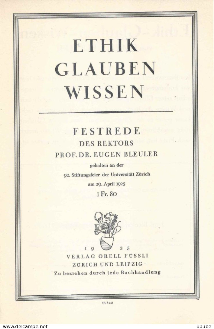 Werbezettel  "Ethik - Glauben - Wissen"  (Festrede Prof.Dr.Bleuler, Uni Zürich)         1925 - Filosofie