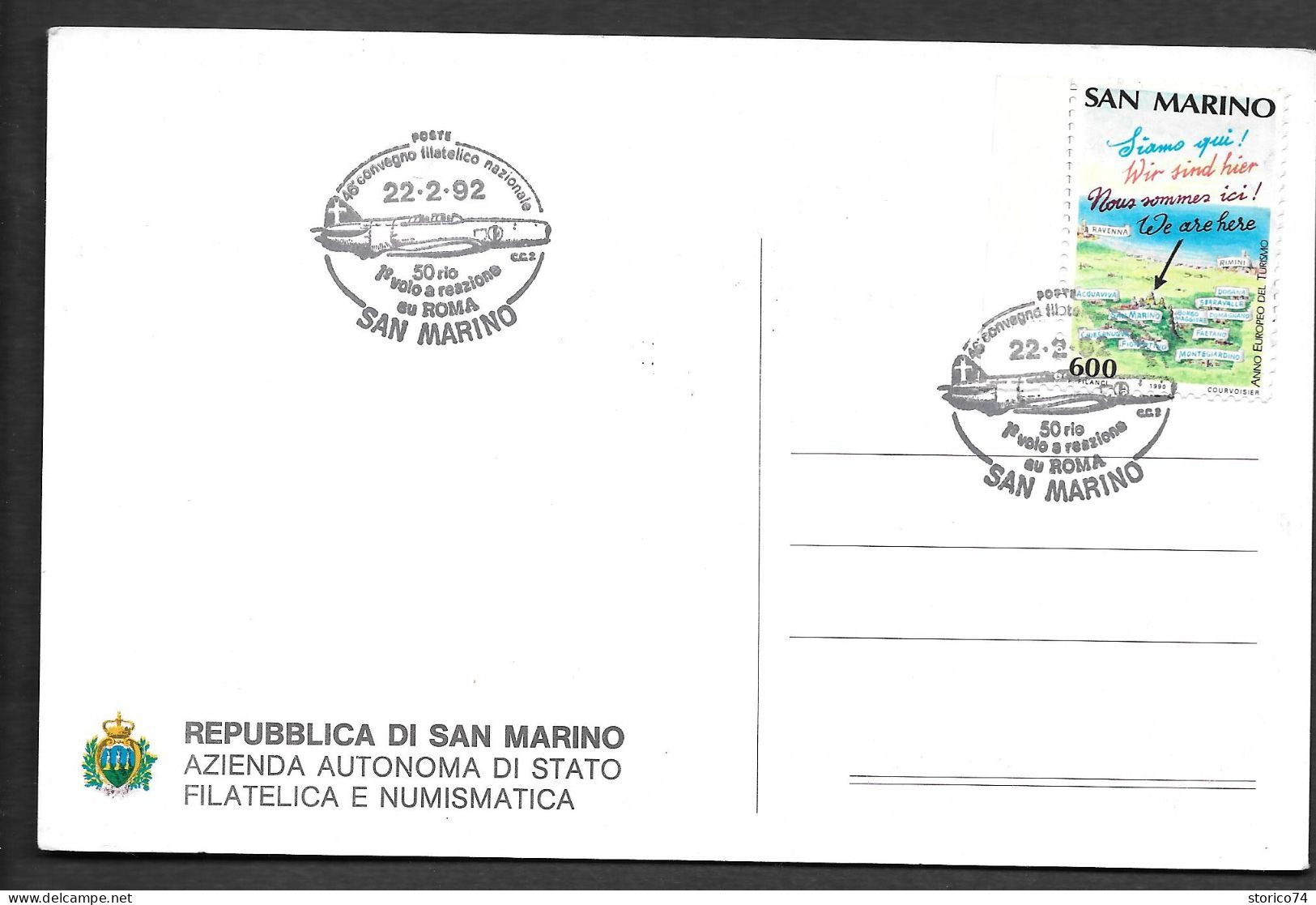 22.2.1992 SAN MARINO CARTOLINA CON ANNULLO SPECIALE 50° 1° VOLO A REAZIONE SU ROMA - Lettres & Documents