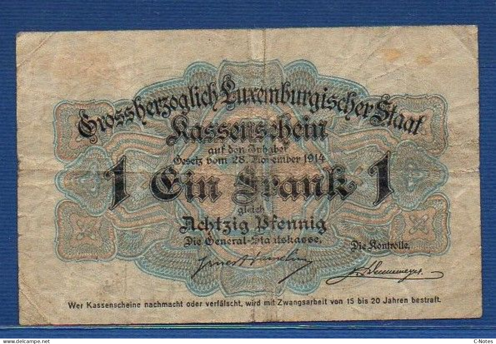 LUXEMBOURG - P.21 – 1 Franc 1914 AF, S/n 274053 - Lussemburgo