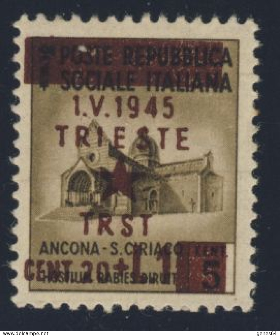 1945 - TRST 20 C. + 1 L. Su 5 C. - Varieta' Soprastampa Bruno Scuro N°1A (2 Immagini) - Signed G.Biondi - Joegoslavische Bez.: Trieste
