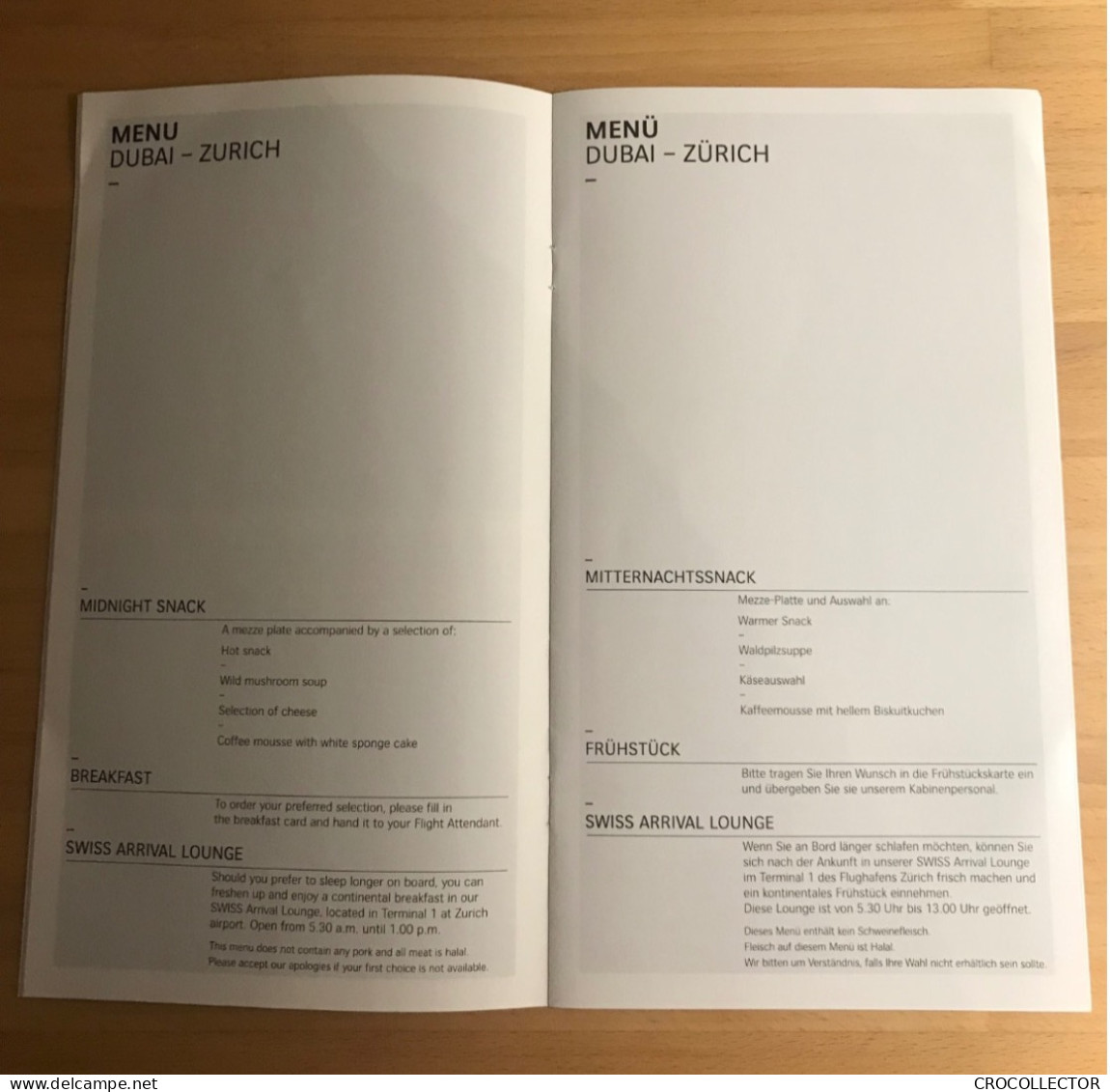 SWISS Business Menu - Dubai To Zurich - Menu Cards