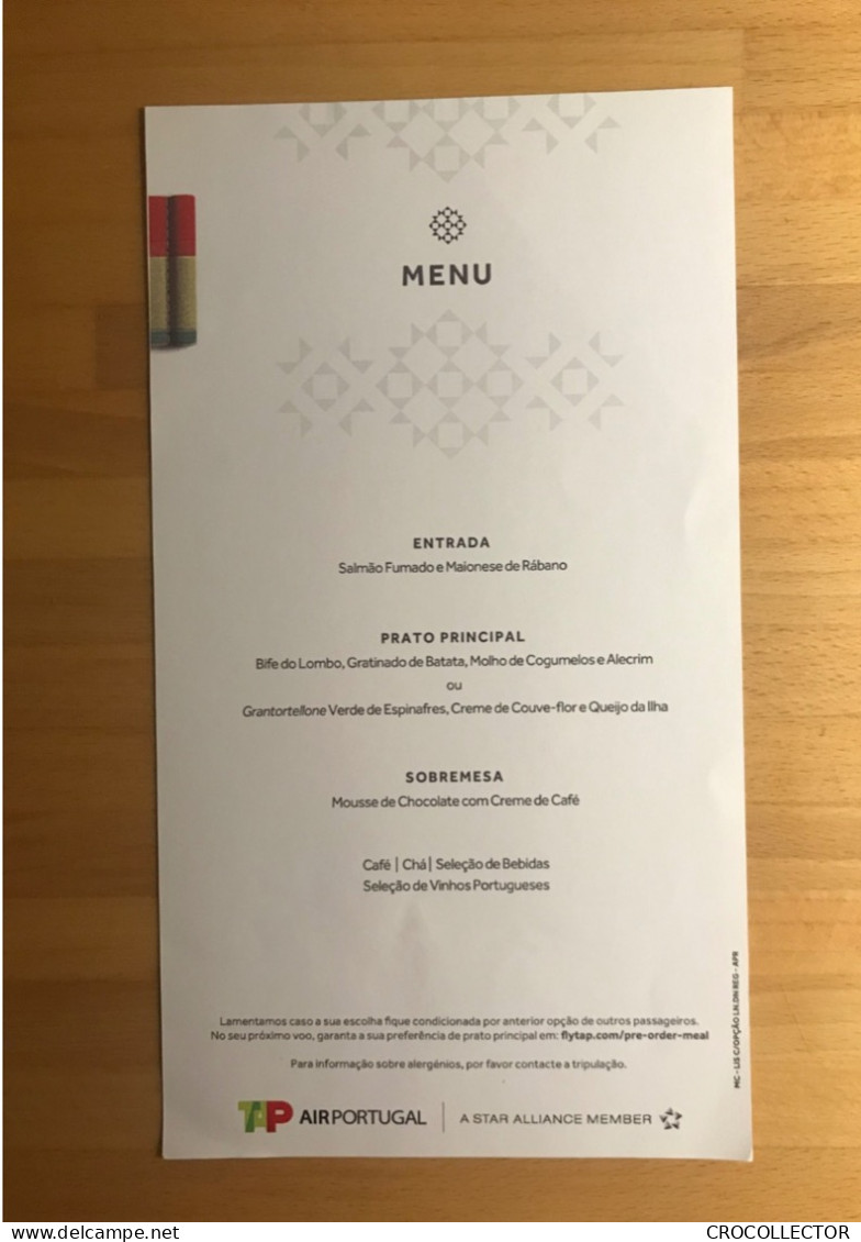 TAP AIR PORTUGAL Business Class Menu - MC - LIS C/OPCAO LN.DN REG - APR - Menu