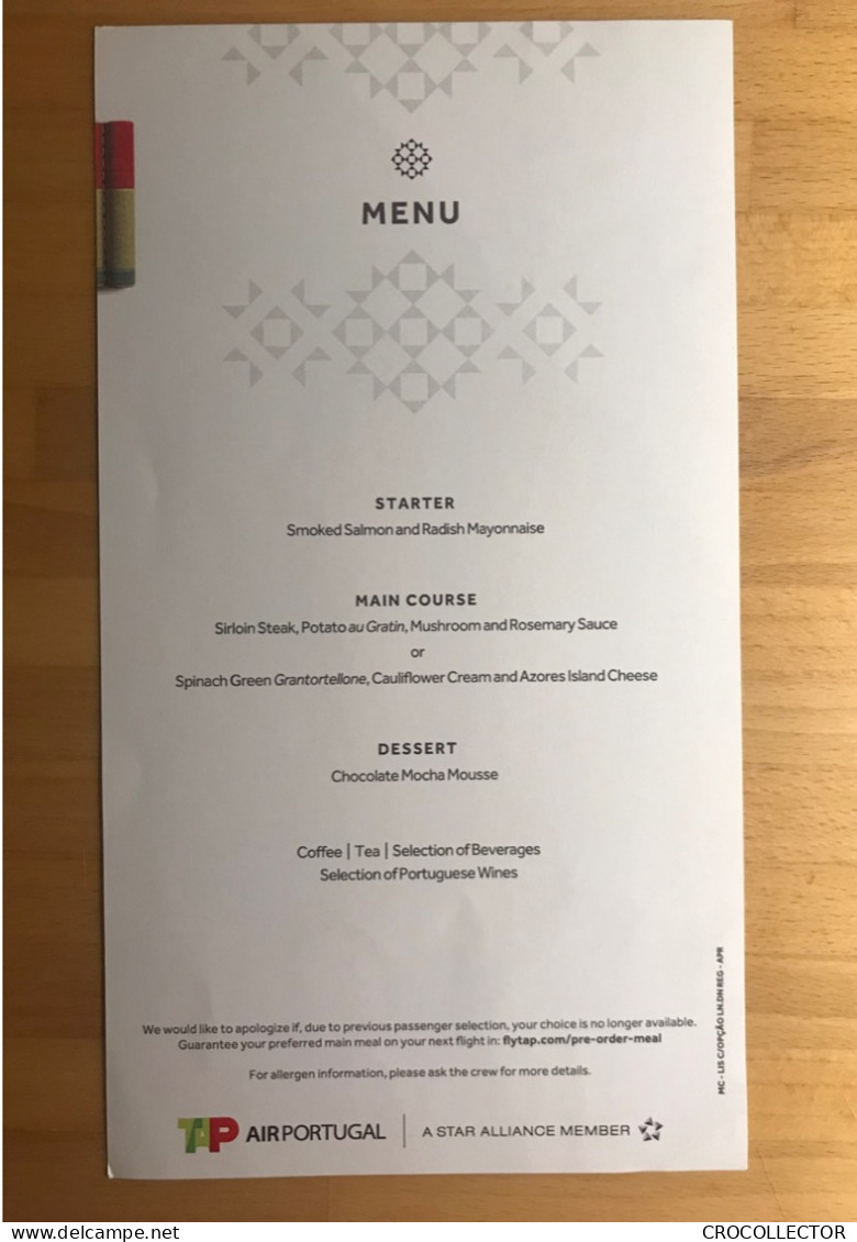 TAP AIR PORTUGAL Business Class Menu - MC - LIS C/OPCAO LN.DN REG - APR - Menus