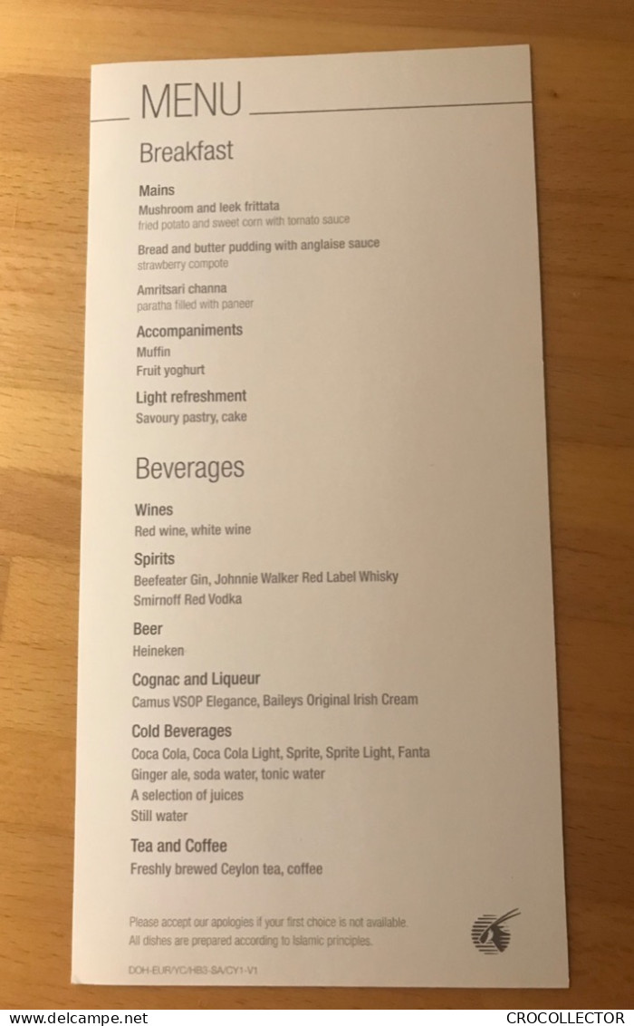 QATAR AIRWAYS  Menu DOH-EUR/YC/HB3-SA/CY1-V1 - Menükarten