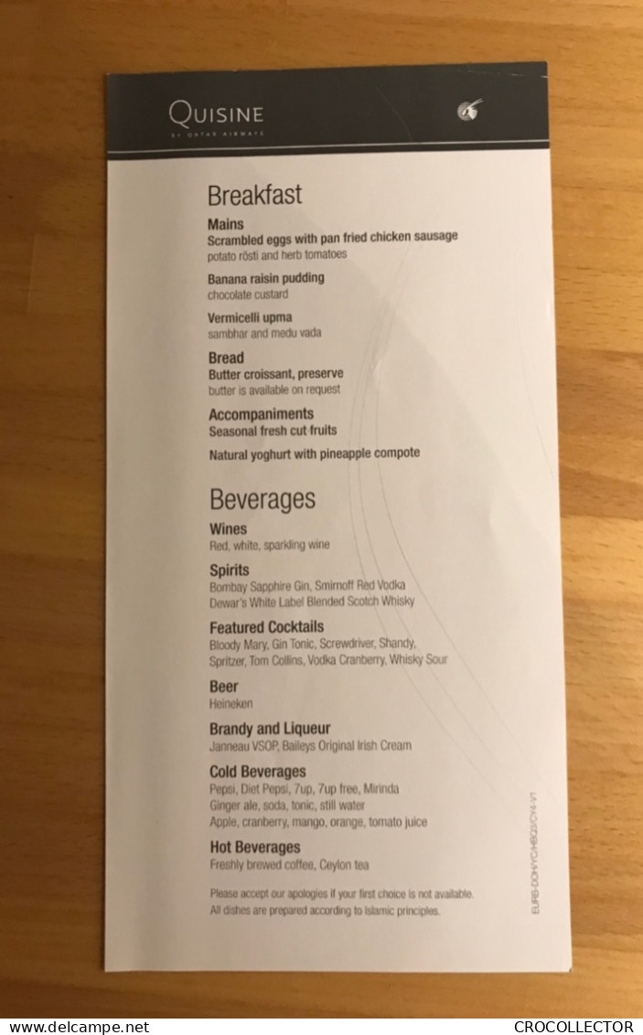 QATAR AIRWAYS MENUE QUISINE EURB-DOH/YC/HBQ3/CY4-V1 - Menu