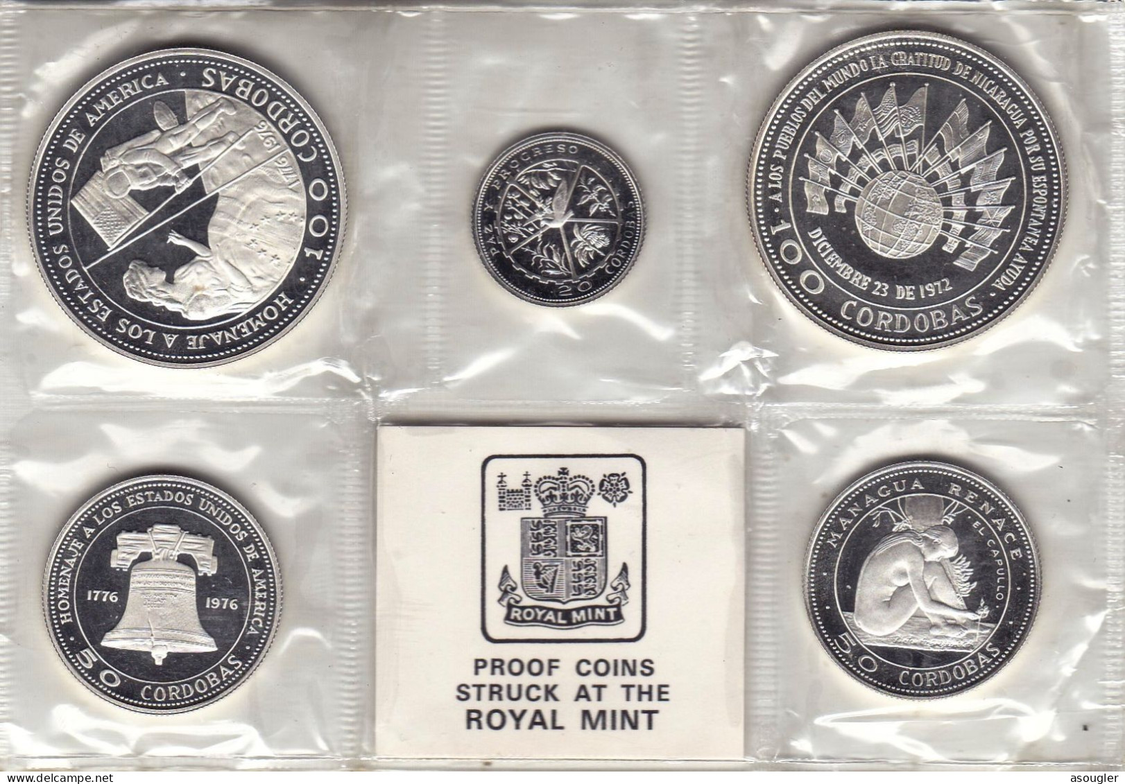 Nicaragua OFFICIAL 2 X 100,  2 X 50 & 1 X 20 CORDOBAS SILVER PROOF SET 1975 "Subject: Earthquake Relief Issue" - Nicaragua