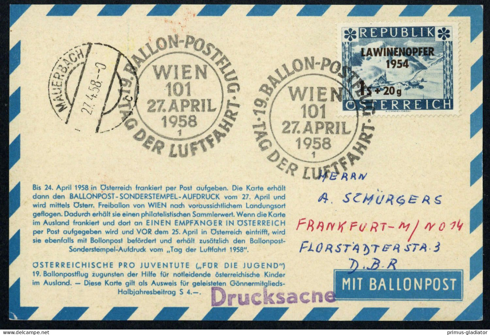 1958, Österreich, Palmer RBF 19 B, Brief - Oblitérations Mécaniques