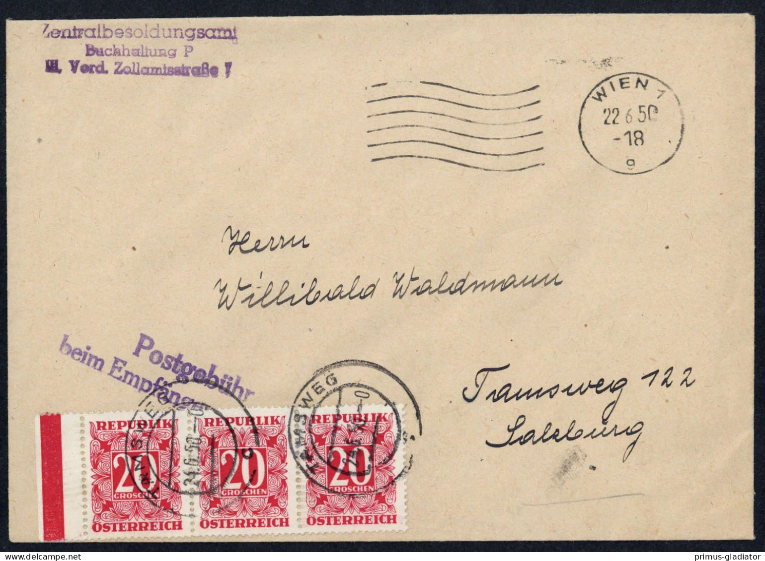 1950, Österreich, P 238 (3), Brief - Oblitérations Mécaniques