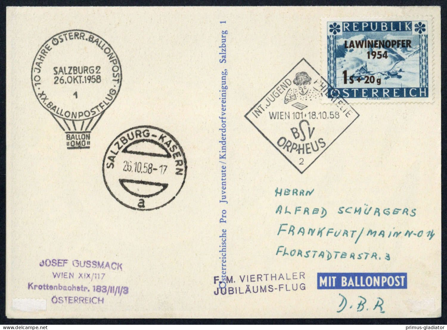 1958, Österreich, Palmer RBF 20 B 2, Brief - Machine Postmarks