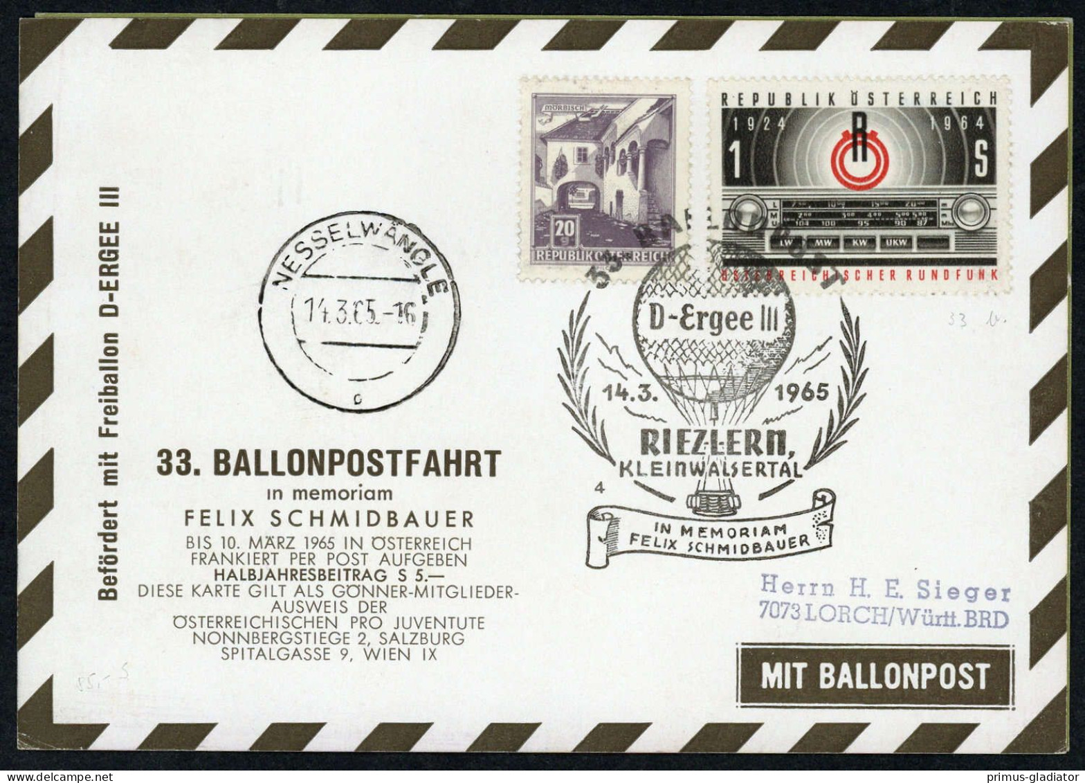 1965, Österreich, Palmer 33 B, Brief - Mechanische Afstempelingen