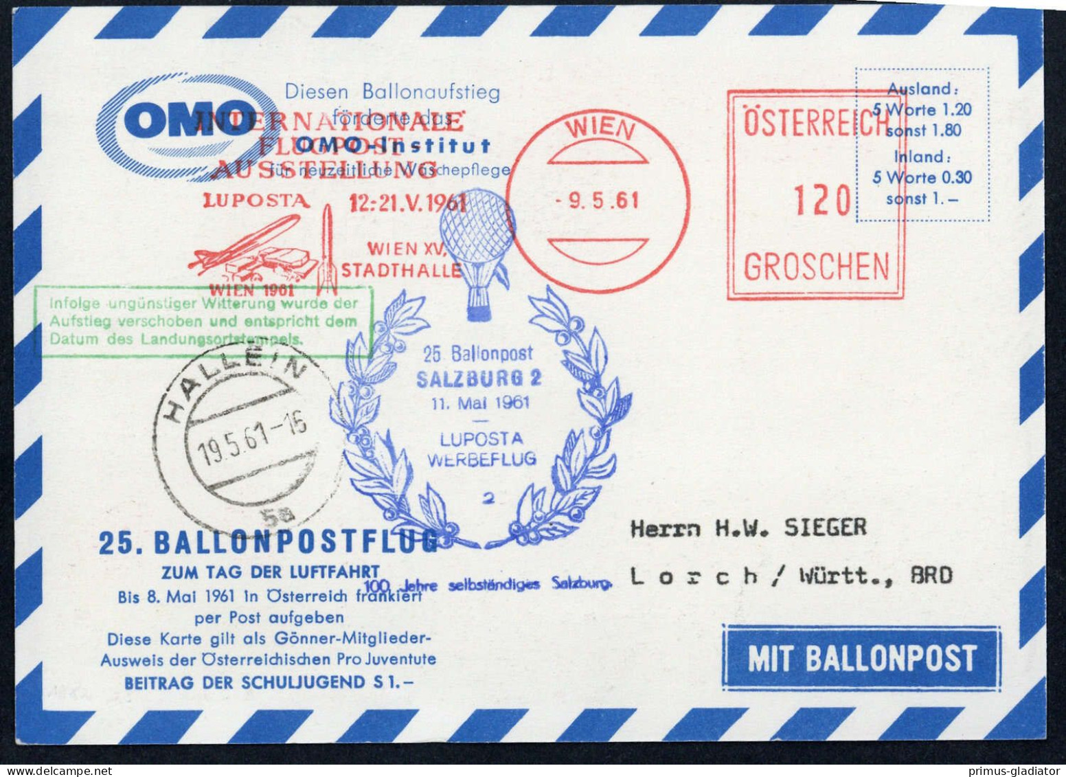 1961, Österreich, Palmer RBF 25 BX, Brief - Mechanische Afstempelingen