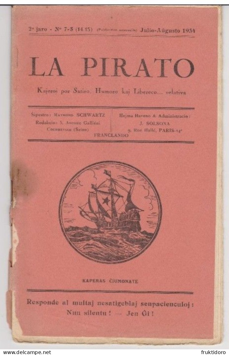 Magazine La Pirato In Esperanto From July-August 1934 - Revuo La Pirato De Julio-Aŭgusto 1934 - Stripverhalen & Mangas (andere Talen)