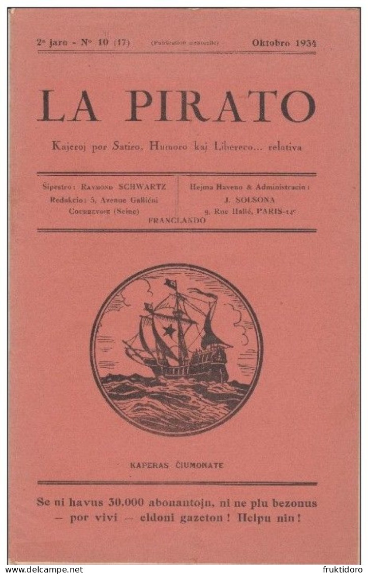 Magazine La Pirato In Esperanto From October 1934 - Revuo La Pirato De Oktobro 1934 - Cómics & Mangas (otros Lenguas)