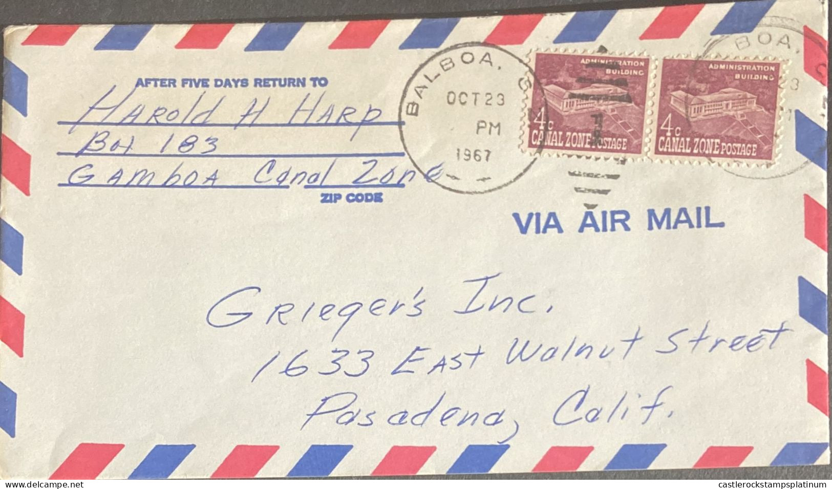 O) 1967 CANAL ZONE,  ADMINISTRATION BUILDING, FROM BALBOA, AIRMAIL TO  PASADENA, XF - Canal Zone