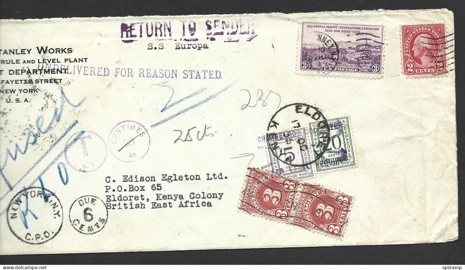 Kenya & Uganda 1935 Inward Cover New York To Eldoret , Twice Taxed , Refused And Returned , Copious Markings - Kenya & Ouganda