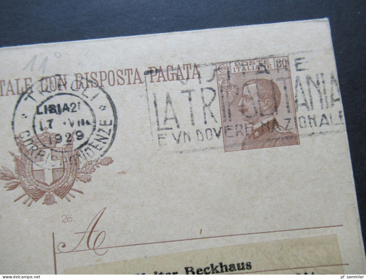 1929 Italien Kolonie / Gebiet Libyen / Ganzsache / Doppelkarte Mit Aufdruck Libia Frageteil Gebraucht Stempel Tripoli - Libië