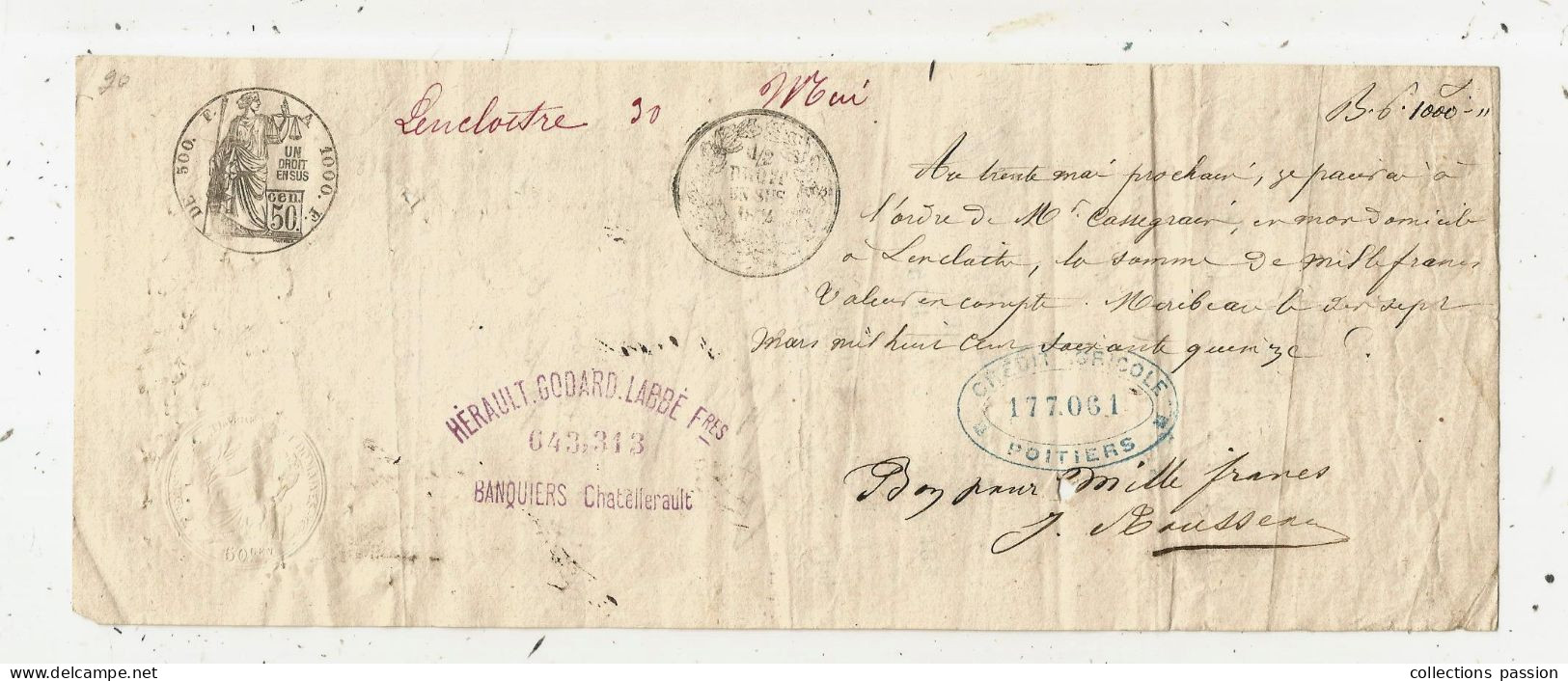 Lettre De Change, Lencloitre , Mirebeau , 1875 , 2 Scans ,  Frais Fr 1.65 E - Lettres De Change