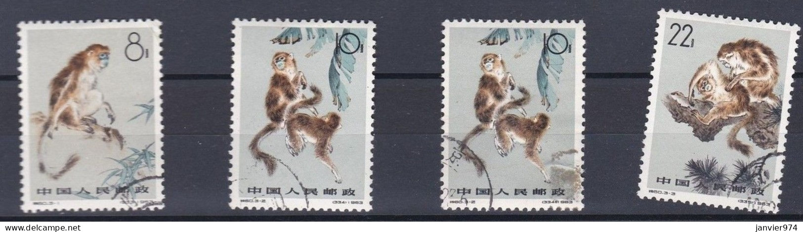 Chine 1963 La Série Complète 741 à 743, Monkeys Singe. 3 Timbres + 1 Double , Scan Recto Verso - Used Stamps