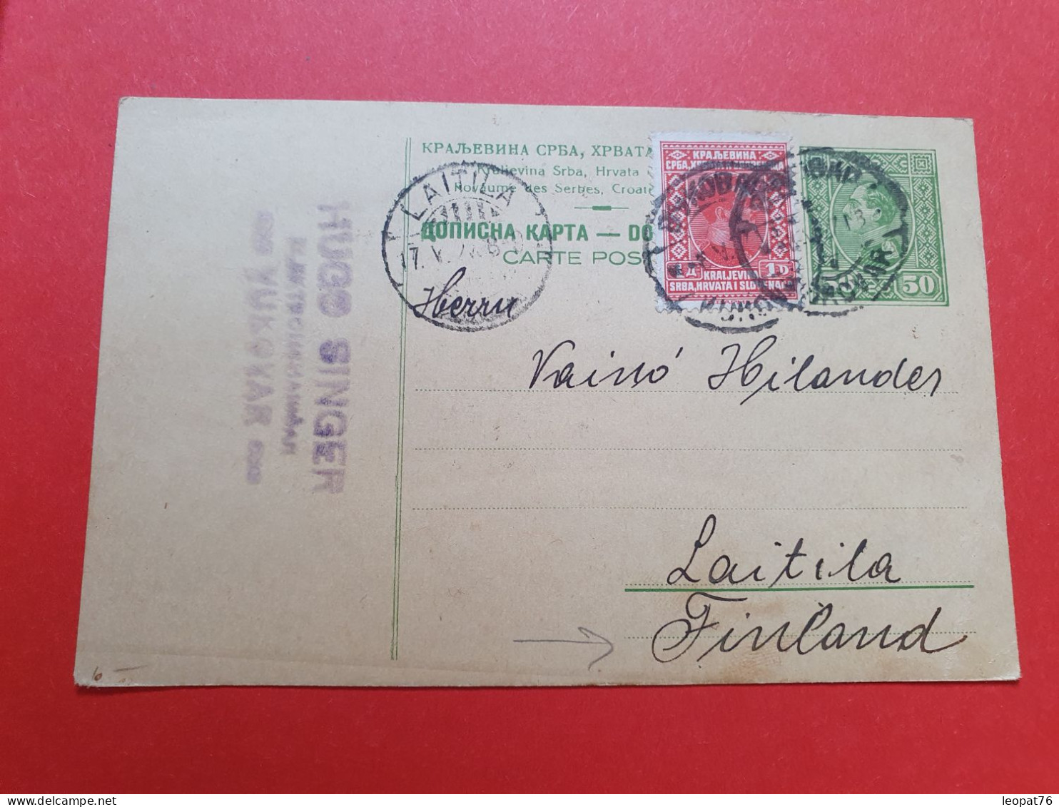 Yougoslavie - Entier Postal + Complément De Yukovar Pour La Finlande En 1927 - Réf 397 - Covers & Documents