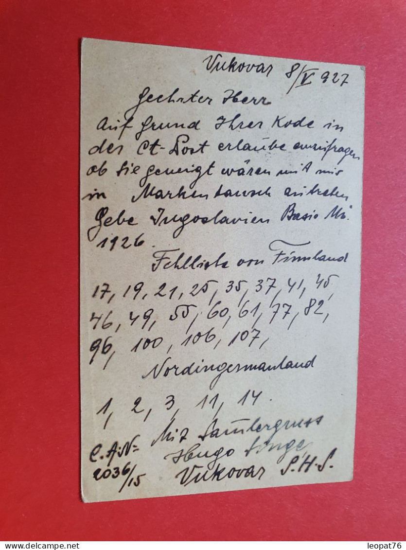 Yougoslavie - Entier Postal + Complément De Yukovar Pour La Finlande En 1927 - Réf 397 - Cartas & Documentos