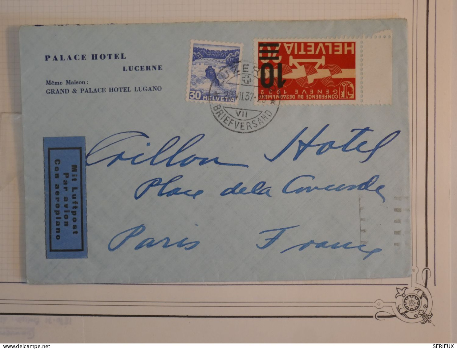 BS1 SUISSE  BELLE  LETTRE  1936 PALACE HOTEL LUCERNE + COLLECTION HOTEL DU CRILLON PARIS  +AFF. PLAISANT+ - Andere & Zonder Classificatie