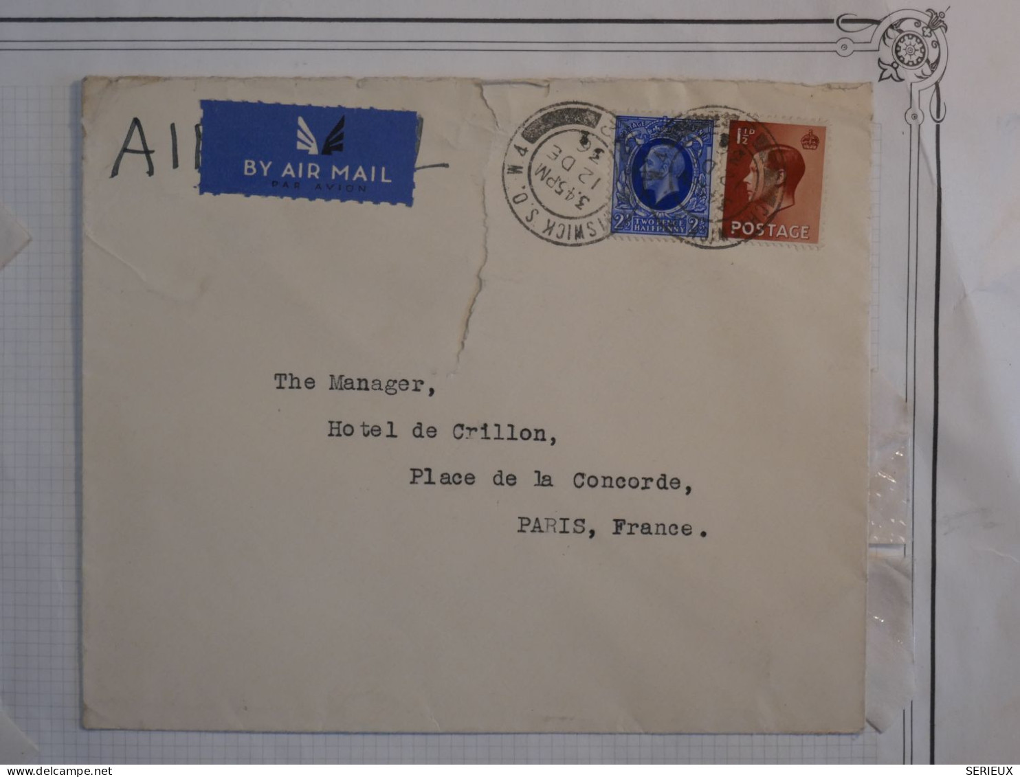 BS1 GREAT BRITAIN  BELLE  LETTRE RR1936 AIR MAIL  BRUNSWICK ?    + COLLECTION HOTEL DU CRILLON PARIS  +AFF. PLAISANT+ - Briefe U. Dokumente