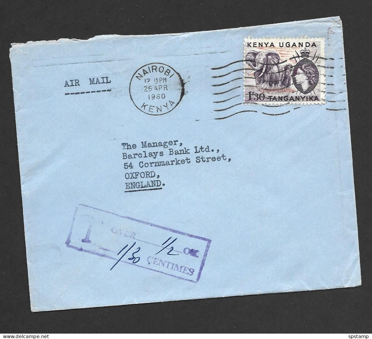 Kenya Uganda & Tanganyika 1960 Underpaid And Taxed Cover Nairobi To UK , 1'25 Elephant Franking - Kenya & Oeganda