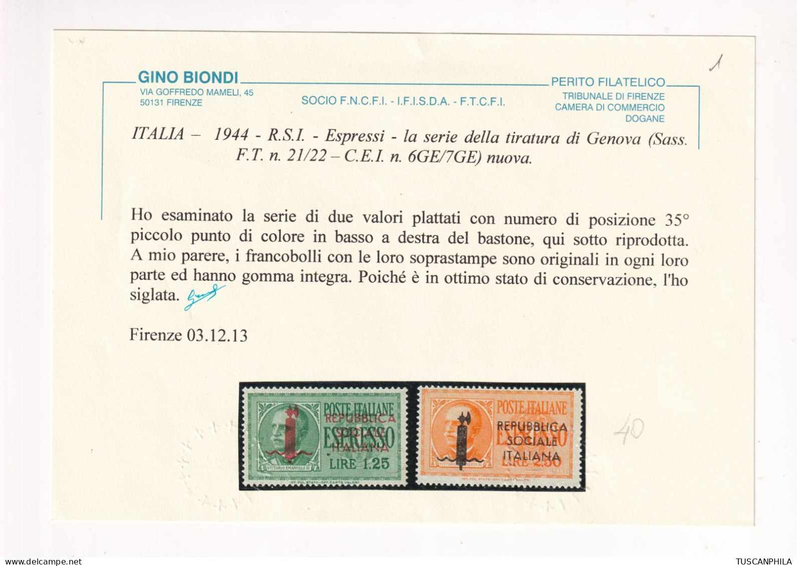 RSI Tir. Genova Serie Completa Sass 6/7GE MNH** Cert. Biondi - Posta Espresso