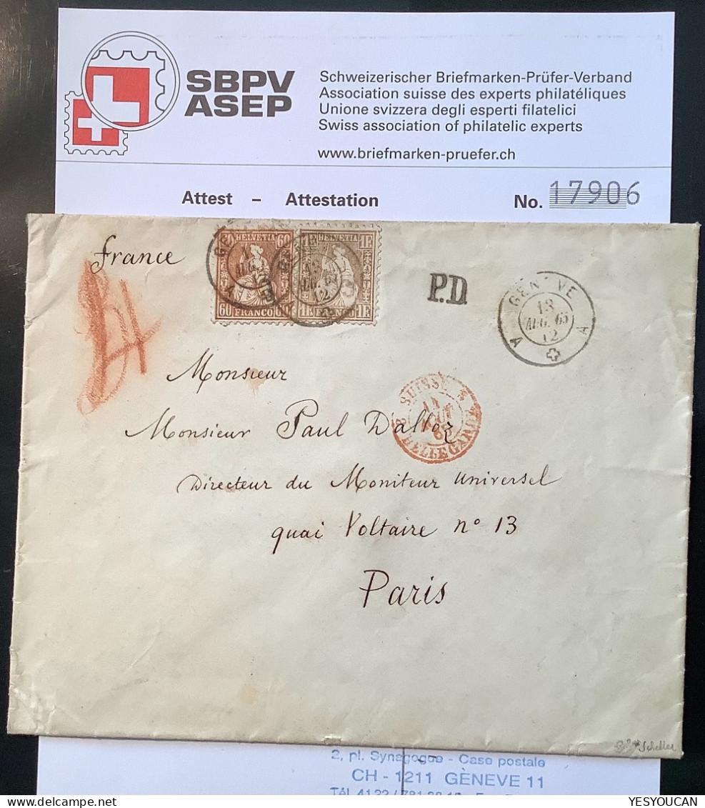 GENEVE 1865 Seltener Brief>PARIS France ZNr 35+ GUTE 36a 1862 Sitzende Helvetia, Attest Marchand (Schweiz Suisse Lettre - Storia Postale