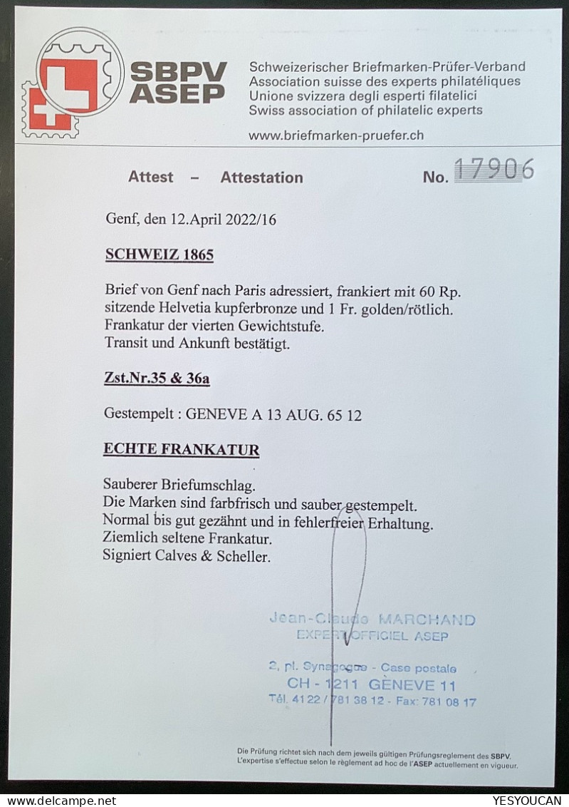 GENEVE 1865 Seltener Brief>PARIS France ZNr 35+ GUTE 36a 1862 Sitzende Helvetia, Attest Marchand (Schweiz Suisse Lettre - Cartas & Documentos